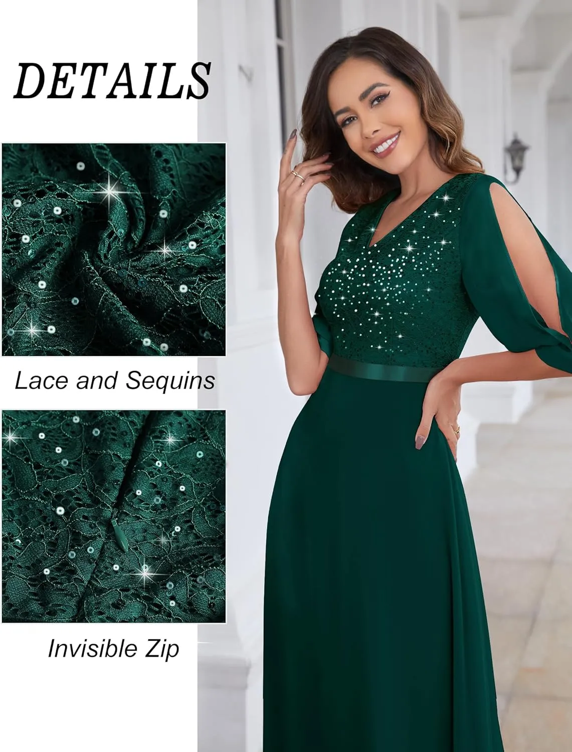 Wedtrend Women's Sequin Dress Sparkly Glitter Dress Split Sleeves Formal Dresses Maxi Evening Dress