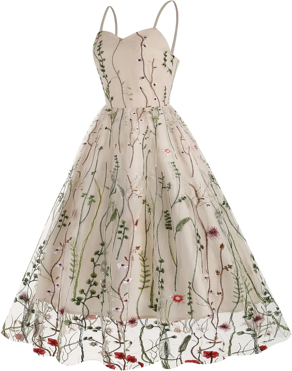 Women Keyhole Floral Embroidery Dress Sheer Mesh Illusion Vintage Cocktail Swing Dress Wedding Party Prom Tulle Evening Dress