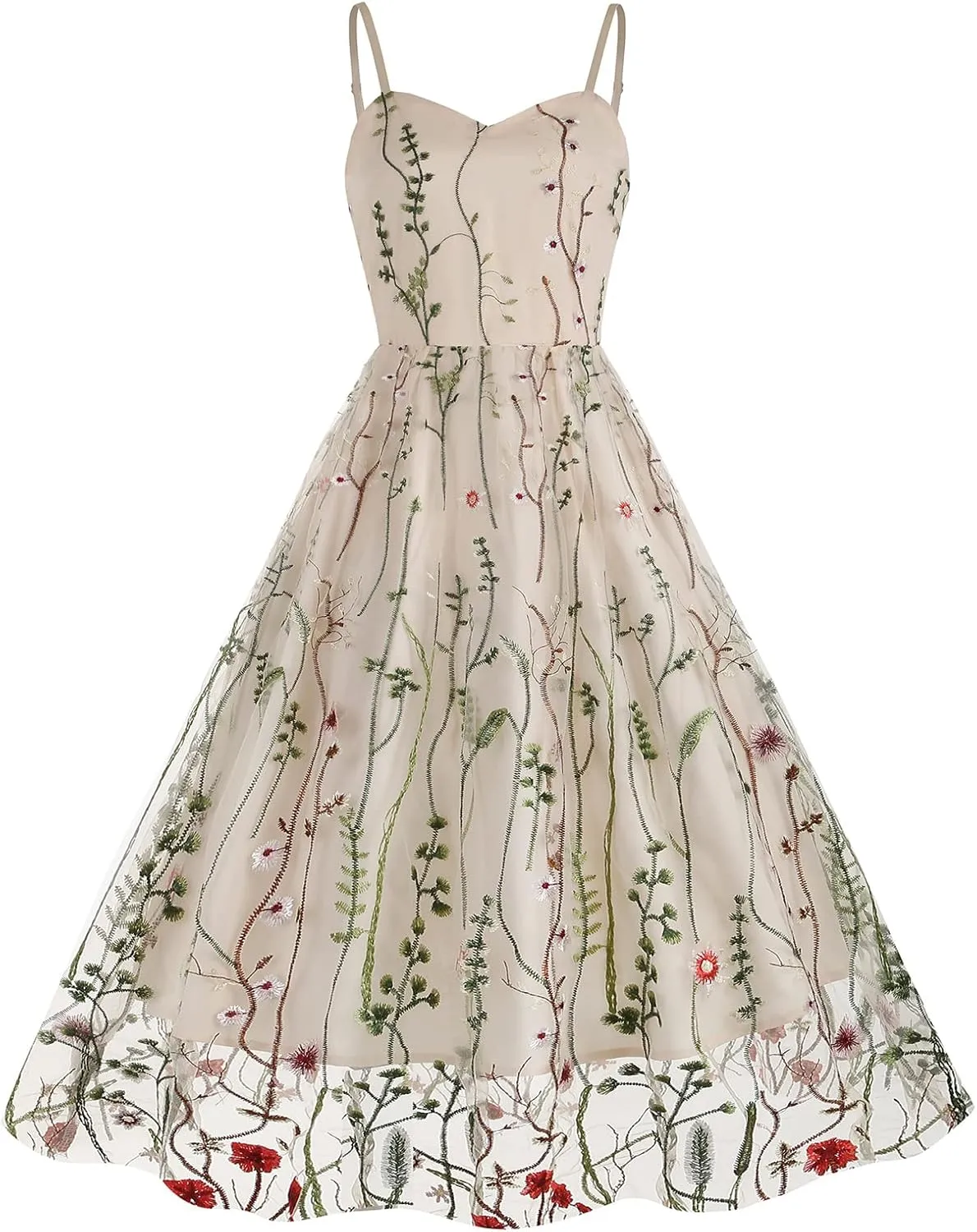 Women Keyhole Floral Embroidery Dress Sheer Mesh Illusion Vintage Cocktail Swing Dress Wedding Party Prom Tulle Evening Dress
