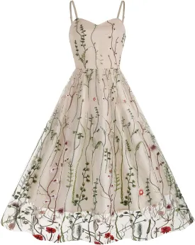 Women Keyhole Floral Embroidery Dress Sheer Mesh Illusion Vintage Cocktail Swing Dress Wedding Party Prom Tulle Evening Dress