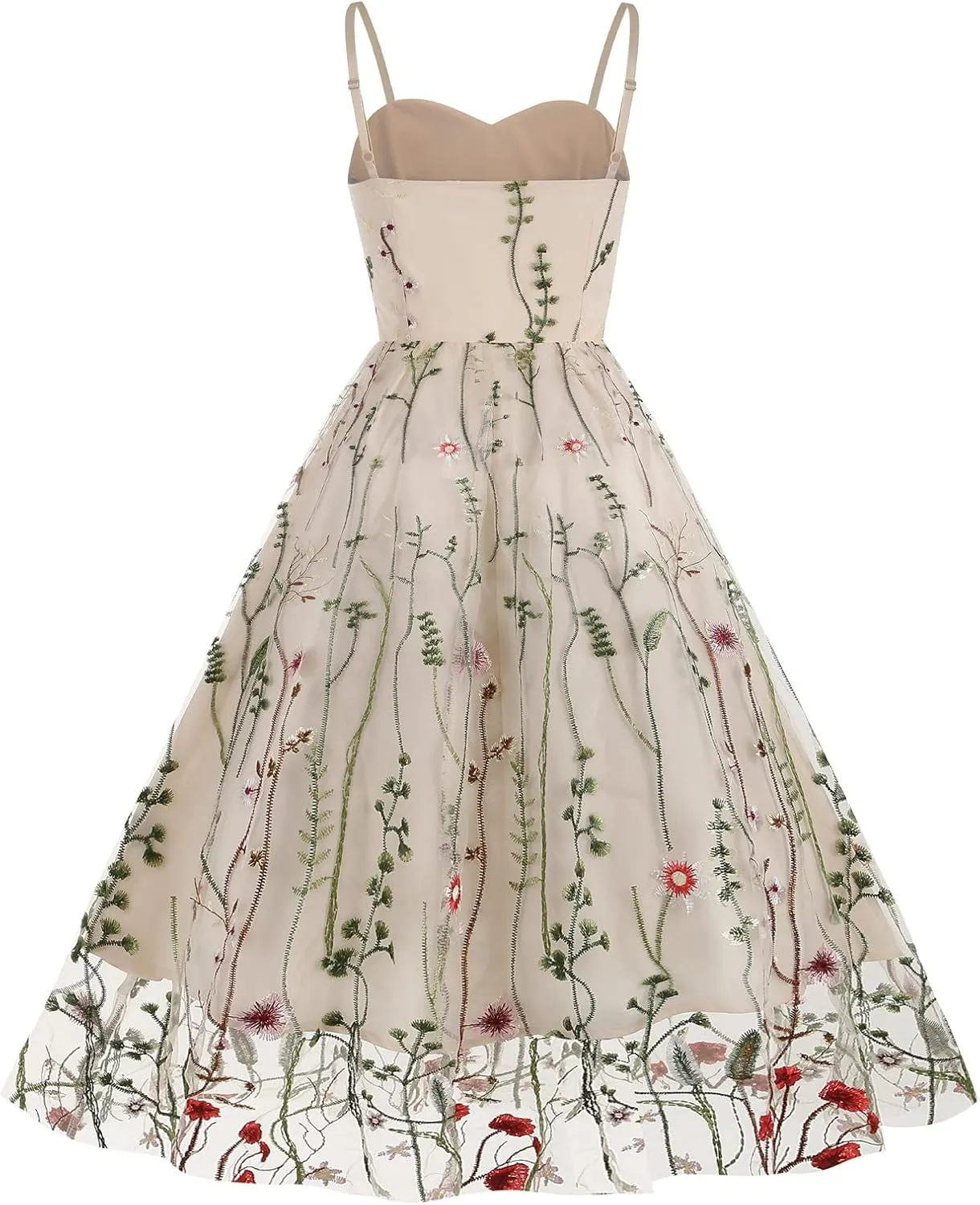 Women Keyhole Floral Embroidery Dress Sheer Mesh Illusion Vintage Cocktail Swing Dress Wedding Party Prom Tulle Evening Dress