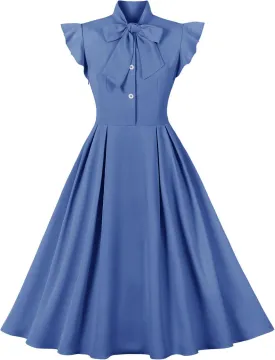 Women Notch Lapel Vintage V-Neck Cocktail Swing Dress 50s 60s Button up 1950s Rockabilly Prom Midi Evening Dress with Pockets