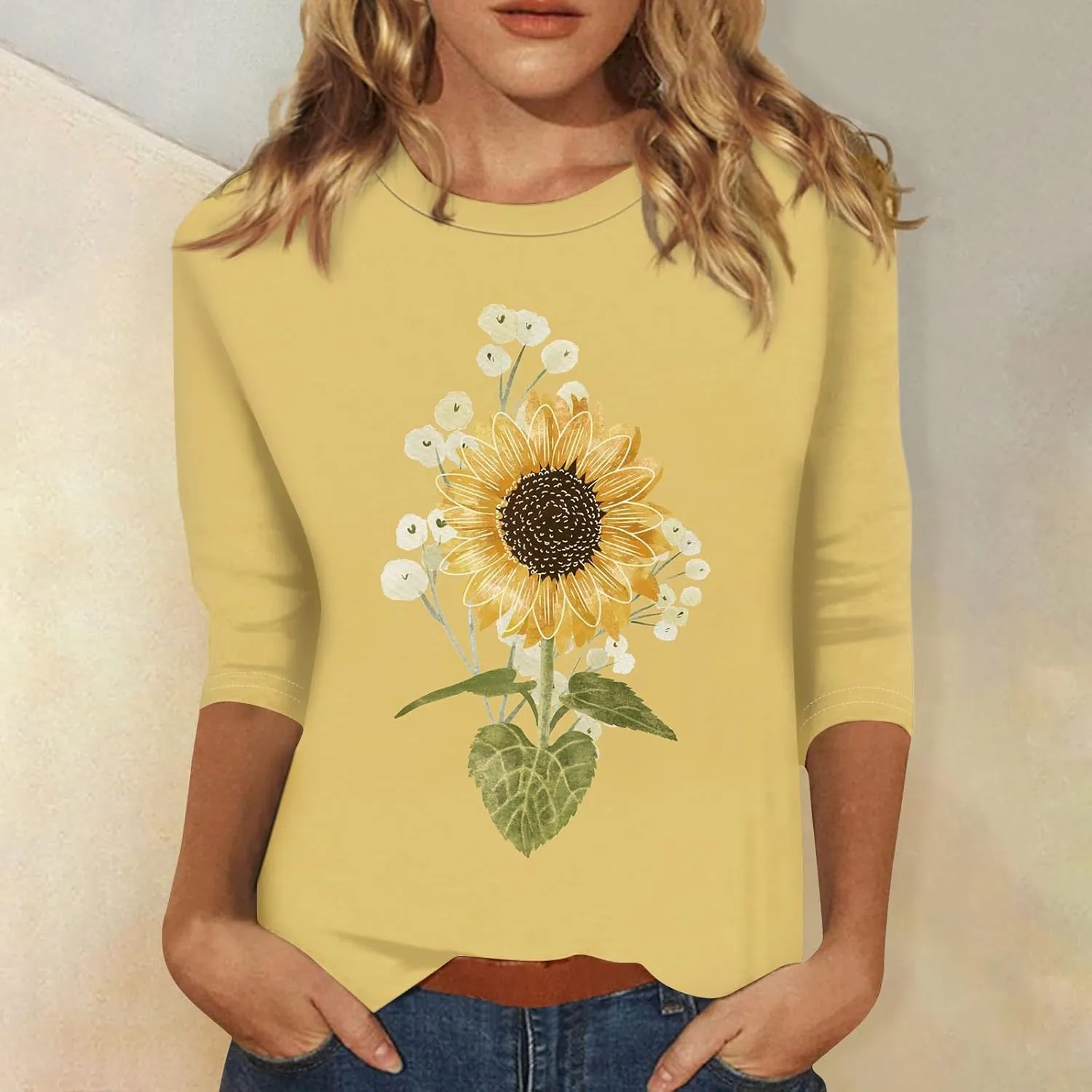 Women Tops Women's Casual 3/4 Length Sleeve Tunic Tops Casual Sunflower Print Loose Blouse Shirts with Leggings