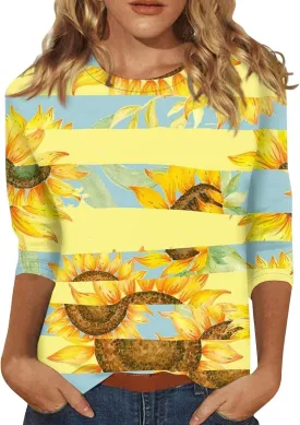Women Tops Women's Casual 3/4 Length Sleeve Tunic Tops Casual Sunflower Print Loose Blouse Shirts with Leggings