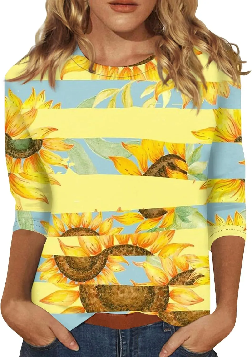 Women Tops Women's Casual 3/4 Length Sleeve Tunic Tops Casual Sunflower Print Loose Blouse Shirts with Leggings