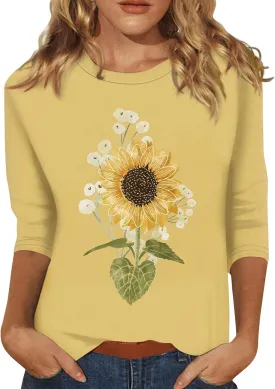 Women Tops Women's Casual 3/4 Length Sleeve Tunic Tops Casual Sunflower Print Loose Blouse Shirts with Leggings