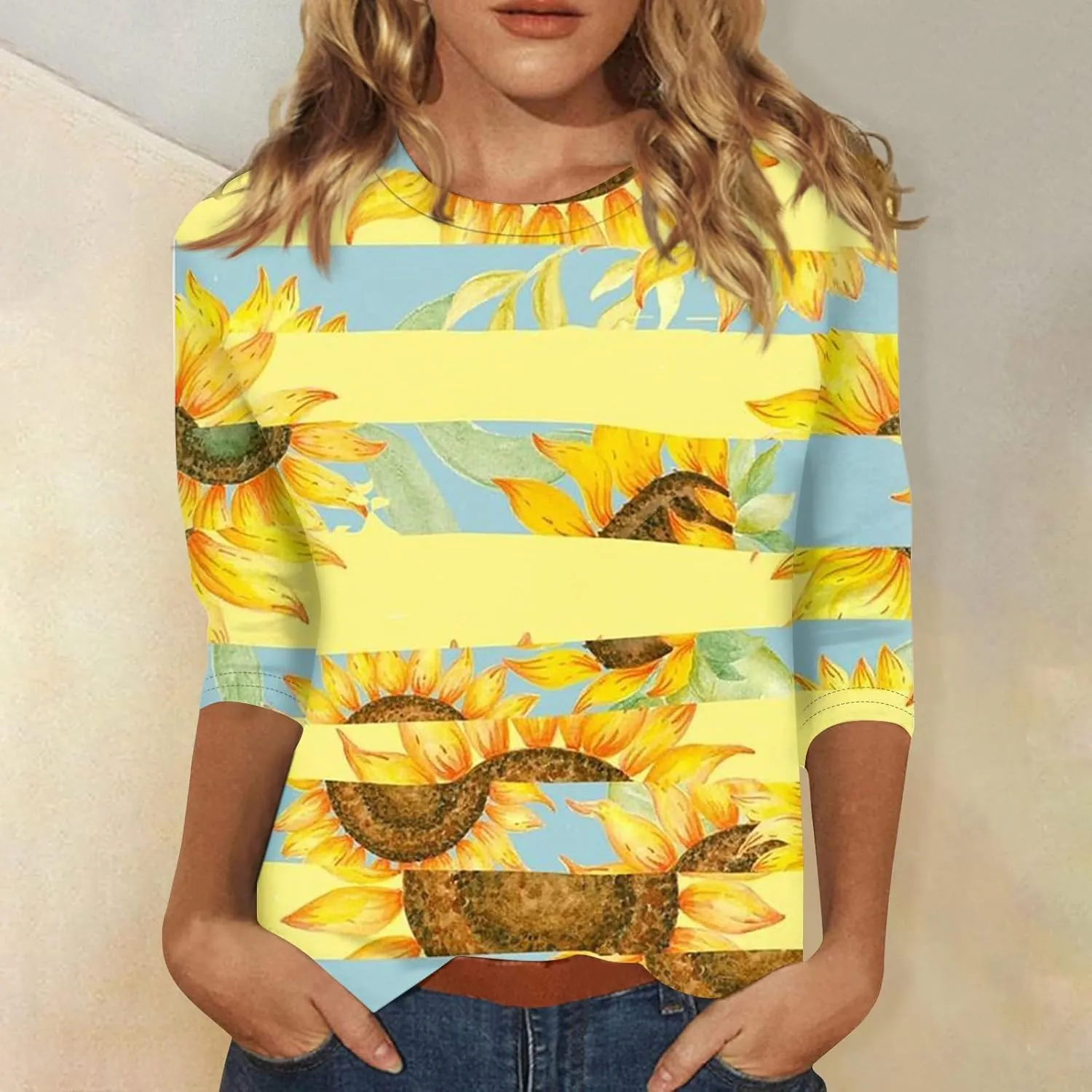 Women Tops Women's Casual 3/4 Length Sleeve Tunic Tops Casual Sunflower Print Loose Blouse Shirts with Leggings