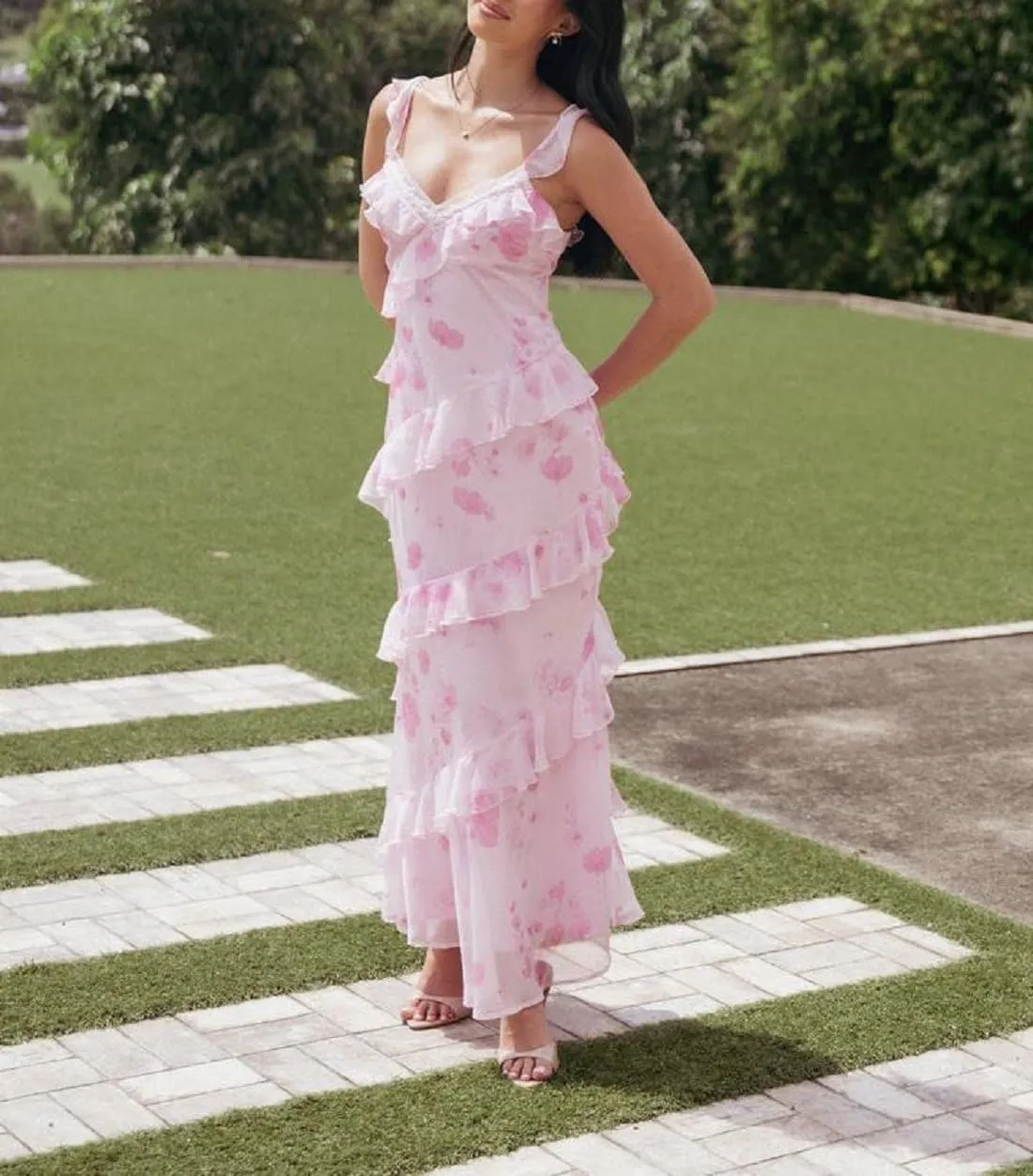 Women Y2k Boho Maxi Dress Floral Lace Sheer Tiered Flowy Cami Long Dress 2025 Summer Smocked Beach Sundress