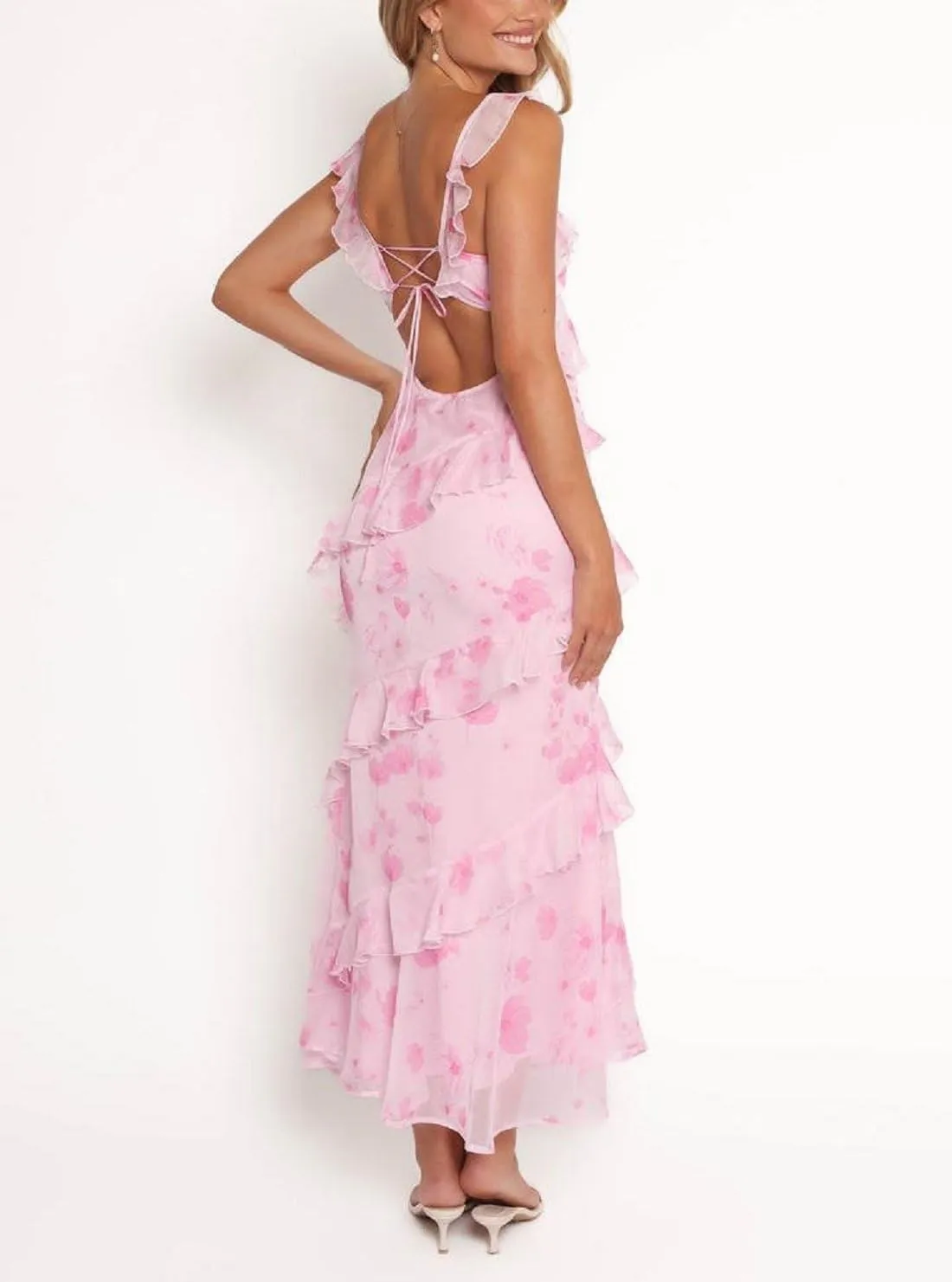 Women Y2k Boho Maxi Dress Floral Lace Sheer Tiered Flowy Cami Long Dress 2025 Summer Smocked Beach Sundress