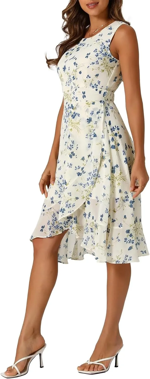 Women's 2025 Summer Wrap Ruffle High Low Hem Round Neck Keyhole Back Sleeveless Floral Dress