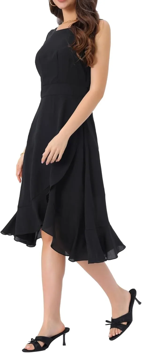 Women's 2025 Summer Wrap Ruffle High Low Hem Round Neck Keyhole Back Sleeveless Floral Dress