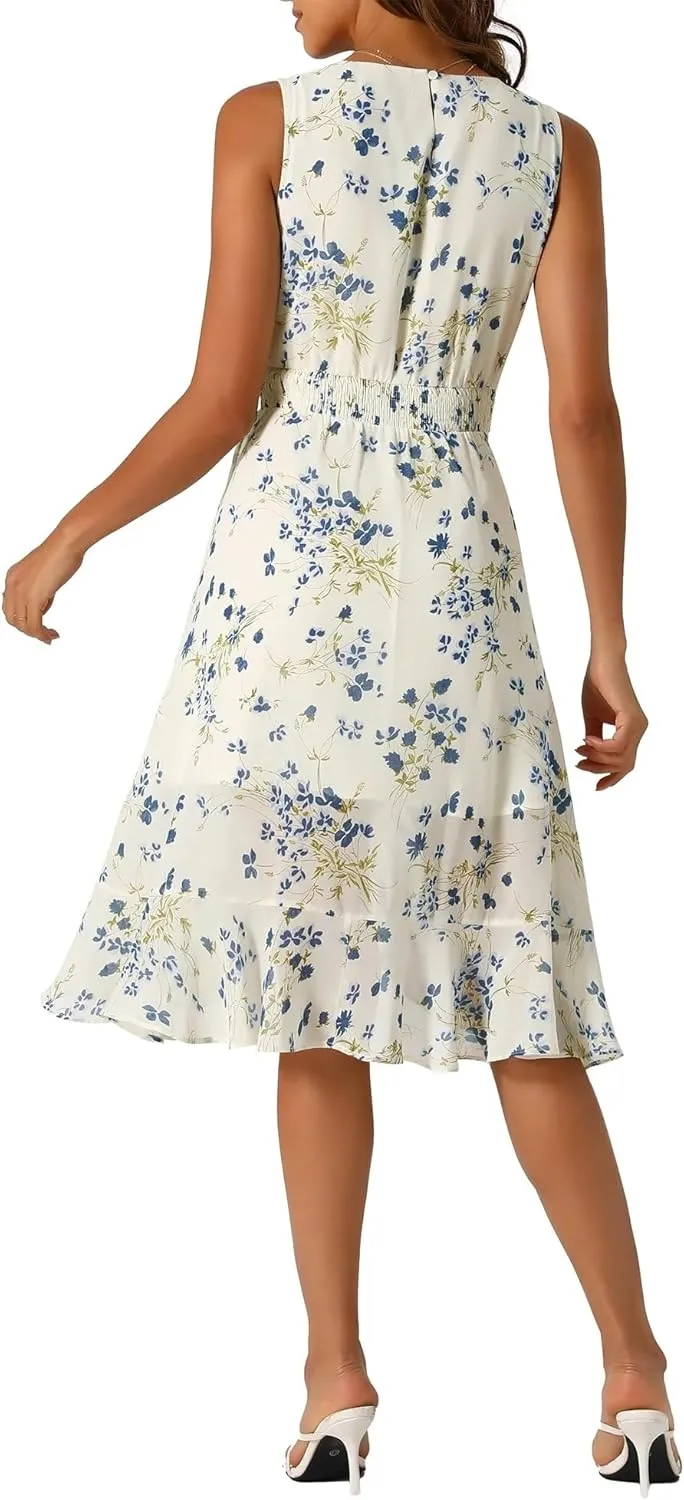 Women's 2025 Summer Wrap Ruffle High Low Hem Round Neck Keyhole Back Sleeveless Floral Dress