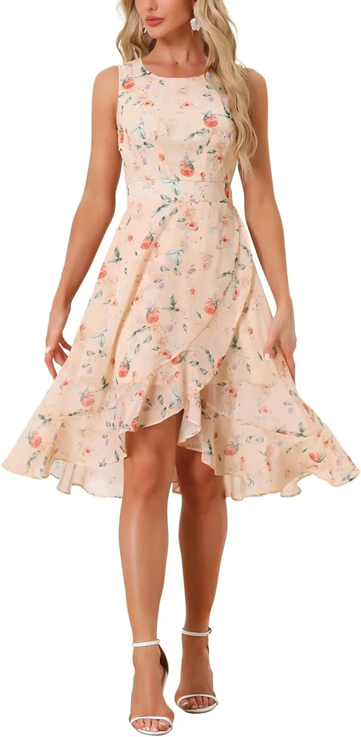 Women's 2025 Summer Wrap Ruffle High Low Hem Round Neck Keyhole Back Sleeveless Floral Dress