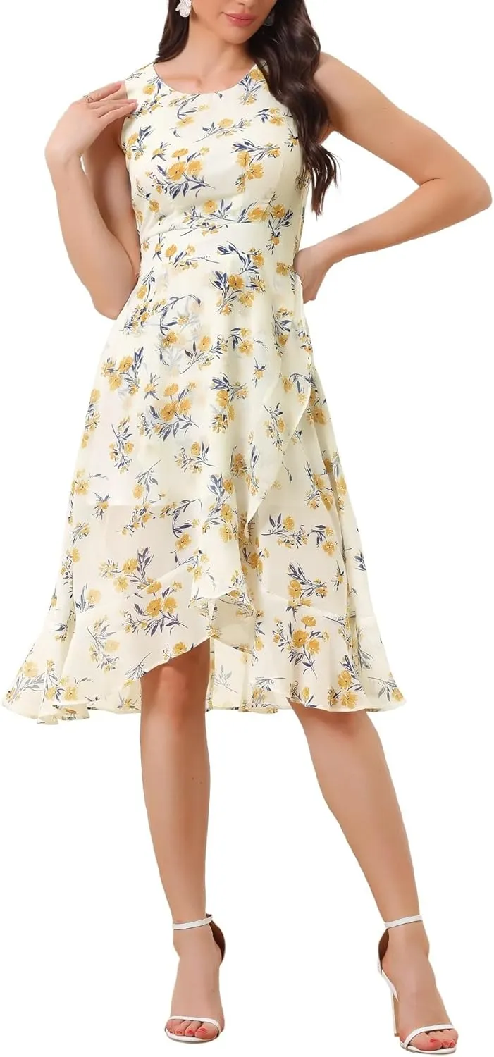 Women's 2025 Summer Wrap Ruffle High Low Hem Round Neck Keyhole Back Sleeveless Floral Dress