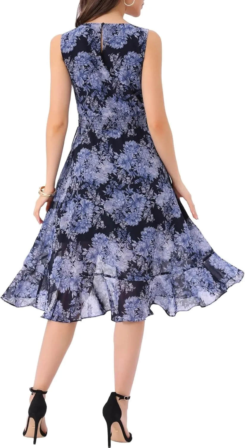 Women's 2025 Summer Wrap Ruffle High Low Hem Round Neck Keyhole Back Sleeveless Floral Dress