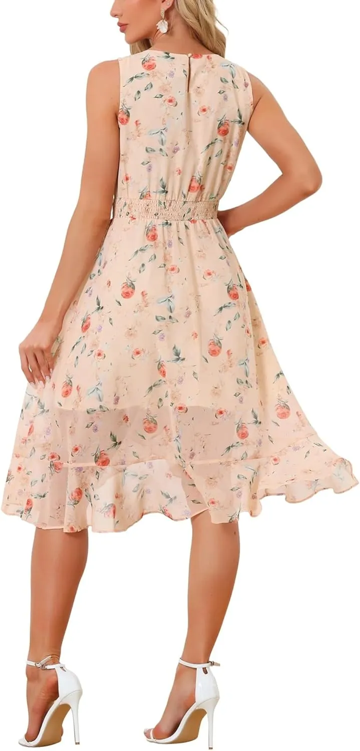 Women's 2025 Summer Wrap Ruffle High Low Hem Round Neck Keyhole Back Sleeveless Floral Dress