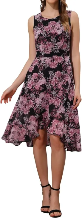 Women's 2025 Summer Wrap Ruffle High Low Hem Round Neck Keyhole Back Sleeveless Floral Dress
