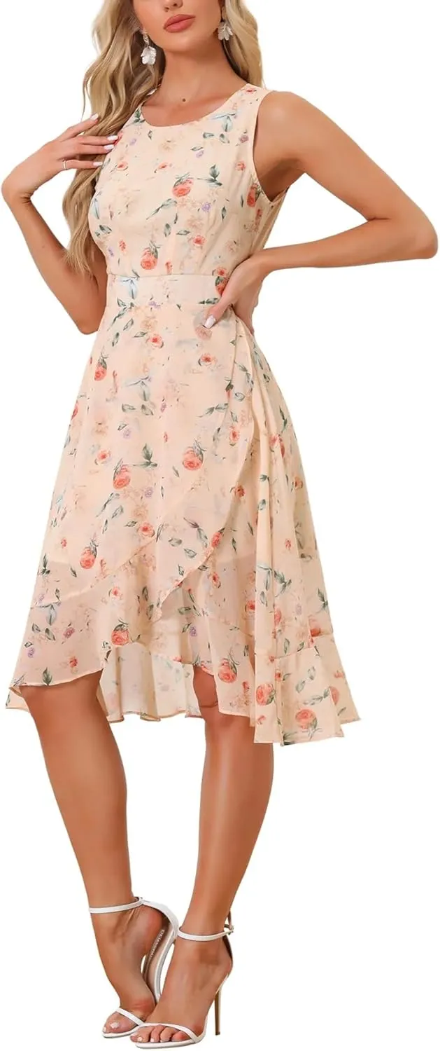 Women's 2025 Summer Wrap Ruffle High Low Hem Round Neck Keyhole Back Sleeveless Floral Dress