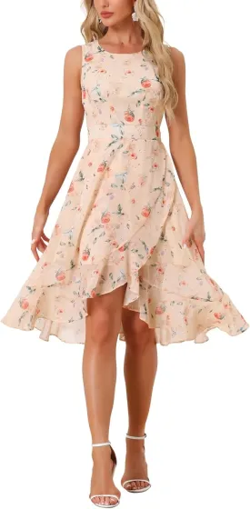 Women's 2025 Summer Wrap Ruffle High Low Hem Round Neck Keyhole Back Sleeveless Floral Dress
