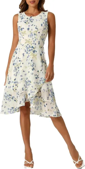 Women's 2025 Summer Wrap Ruffle High Low Hem Round Neck Keyhole Back Sleeveless Floral Dress