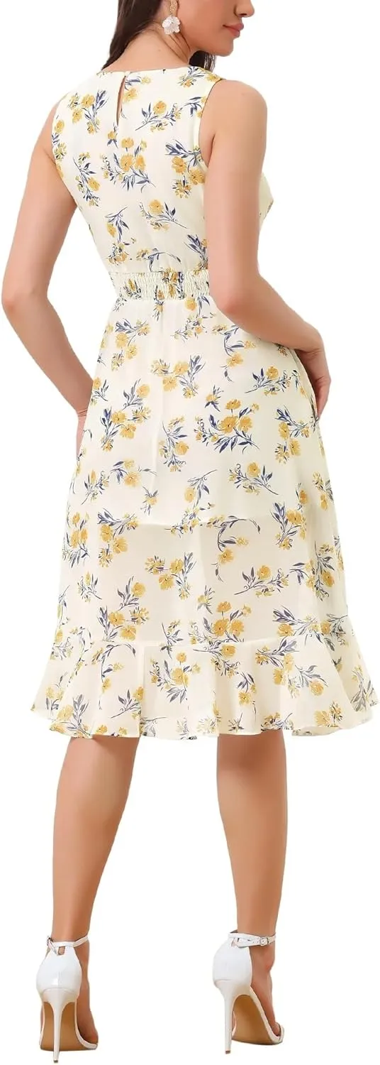 Women's 2025 Summer Wrap Ruffle High Low Hem Round Neck Keyhole Back Sleeveless Floral Dress