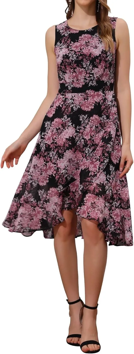 Women's 2025 Summer Wrap Ruffle High Low Hem Round Neck Keyhole Back Sleeveless Floral Dress
