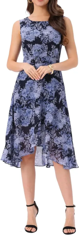 Women's 2025 Summer Wrap Ruffle High Low Hem Round Neck Keyhole Back Sleeveless Floral Dress