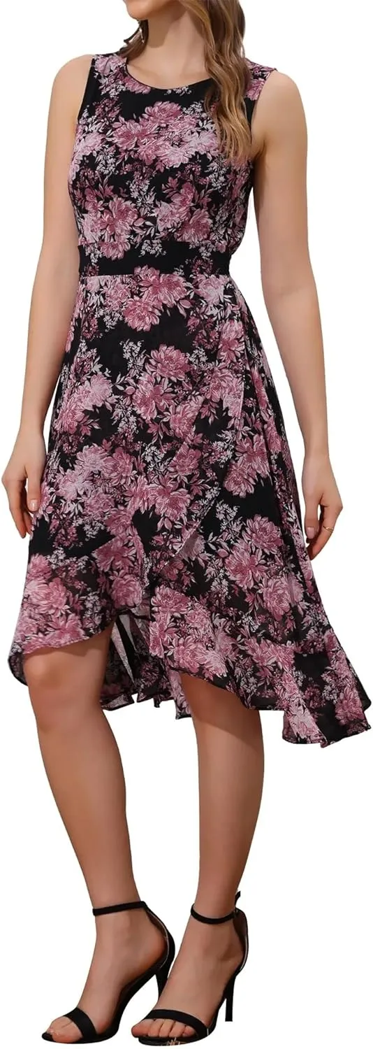 Women's 2025 Summer Wrap Ruffle High Low Hem Round Neck Keyhole Back Sleeveless Floral Dress