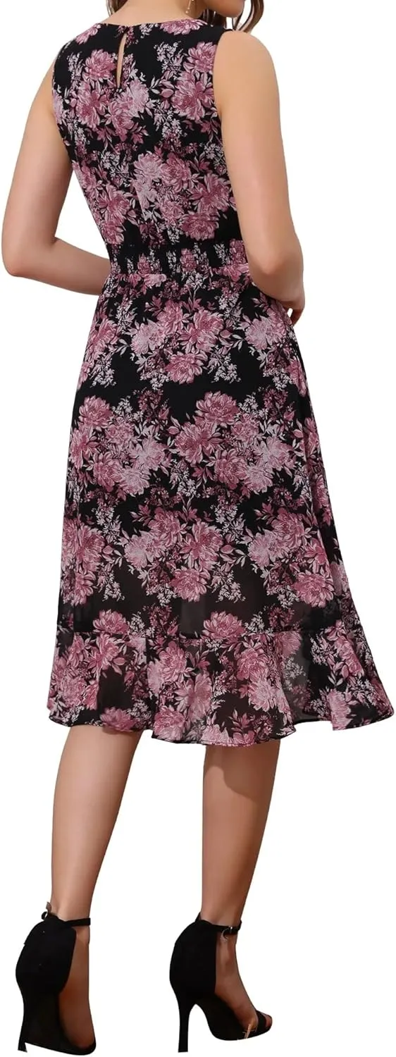 Women's 2025 Summer Wrap Ruffle High Low Hem Round Neck Keyhole Back Sleeveless Floral Dress