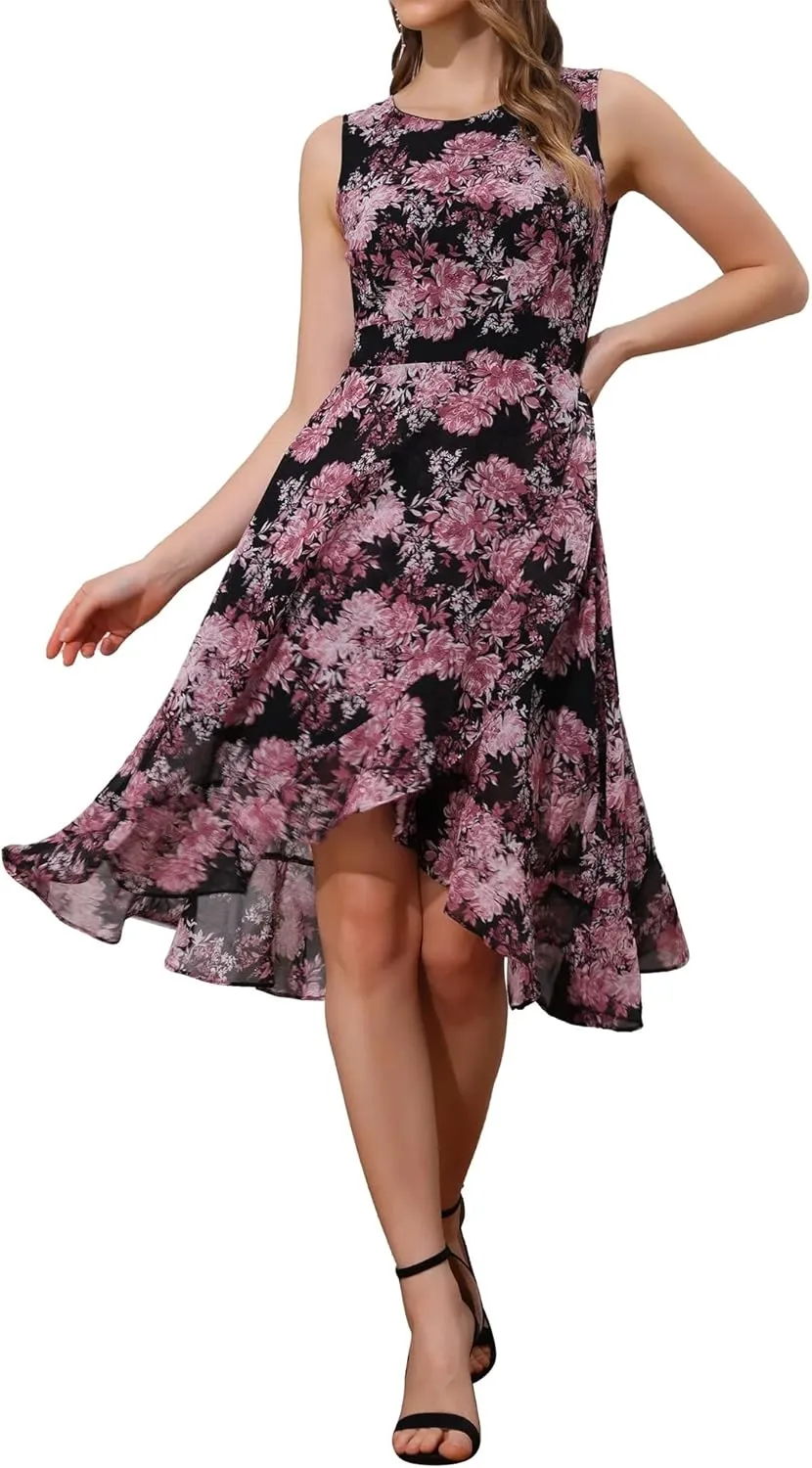 Women's 2025 Summer Wrap Ruffle High Low Hem Round Neck Keyhole Back Sleeveless Floral Dress