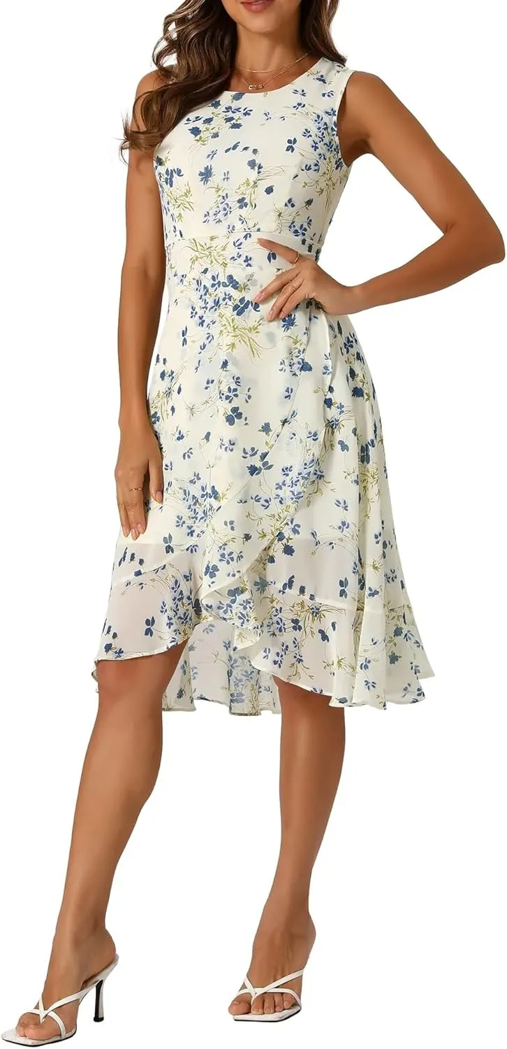 Women's 2025 Summer Wrap Ruffle High Low Hem Round Neck Keyhole Back Sleeveless Floral Dress