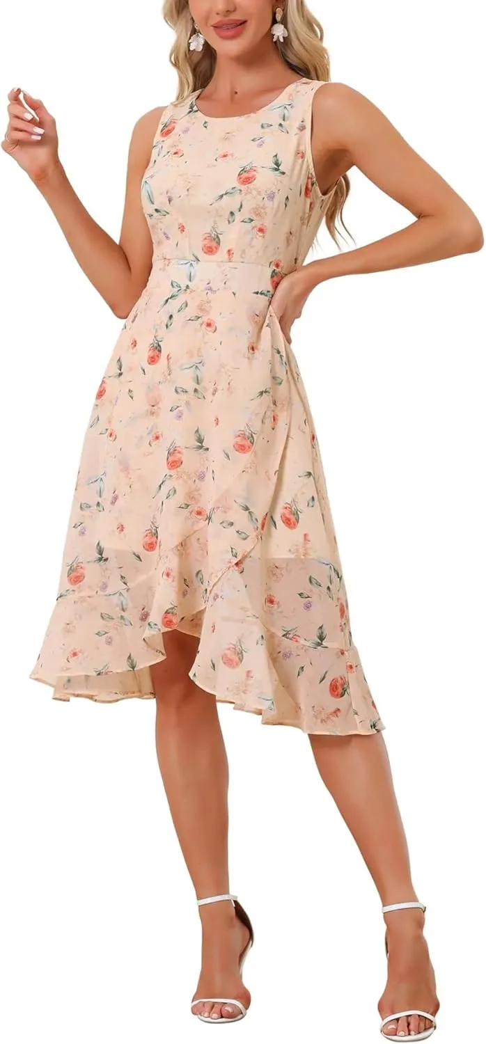 Women's 2025 Summer Wrap Ruffle High Low Hem Round Neck Keyhole Back Sleeveless Floral Dress