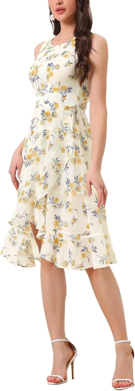 Women's 2025 Summer Wrap Ruffle High Low Hem Round Neck Keyhole Back Sleeveless Floral Dress