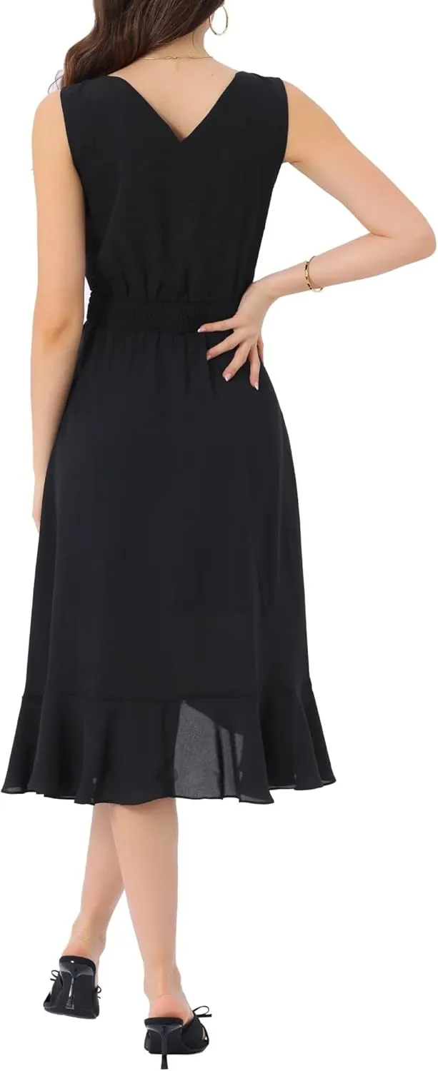 Women's 2025 Summer Wrap Ruffle High Low Hem Round Neck Keyhole Back Sleeveless Floral Dress