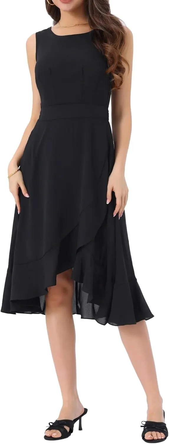 Women's 2025 Summer Wrap Ruffle High Low Hem Round Neck Keyhole Back Sleeveless Floral Dress