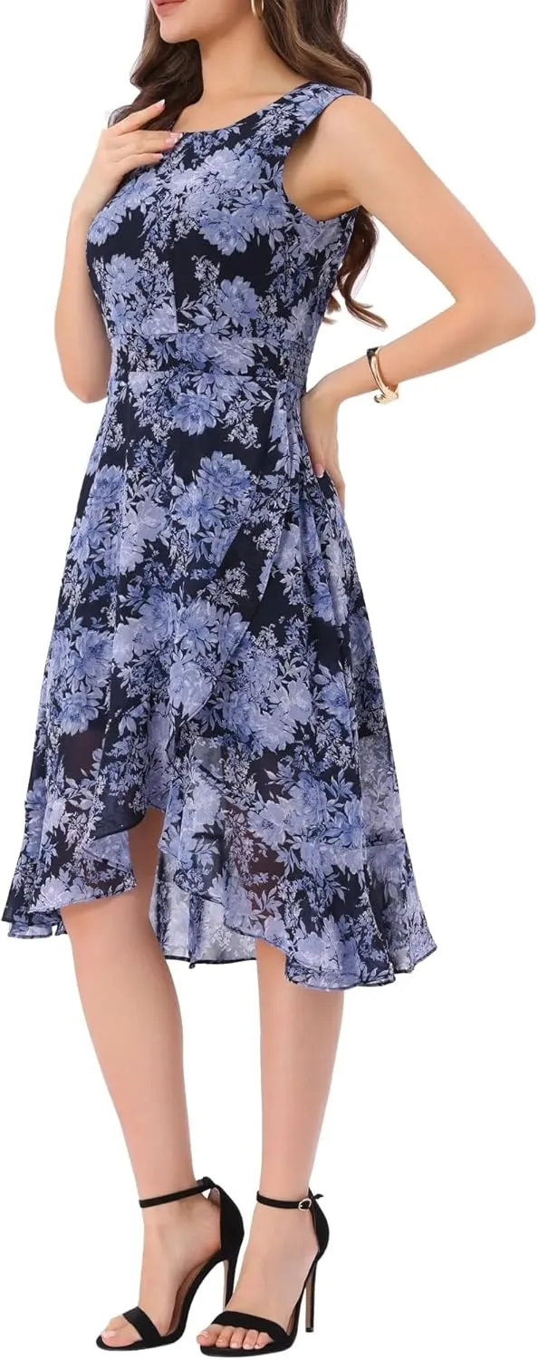 Women's 2025 Summer Wrap Ruffle High Low Hem Round Neck Keyhole Back Sleeveless Floral Dress