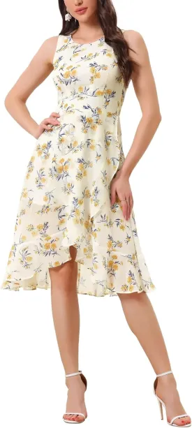 Women's 2025 Summer Wrap Ruffle High Low Hem Round Neck Keyhole Back Sleeveless Floral Dress