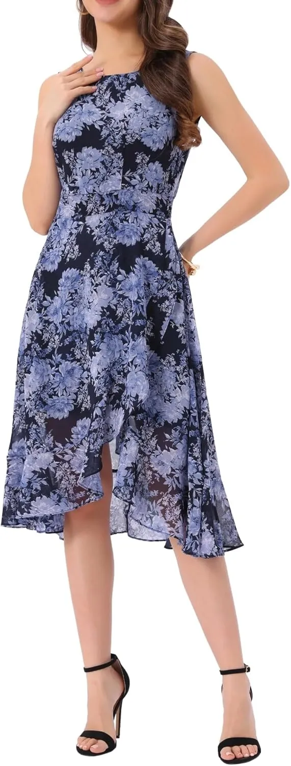 Women's 2025 Summer Wrap Ruffle High Low Hem Round Neck Keyhole Back Sleeveless Floral Dress