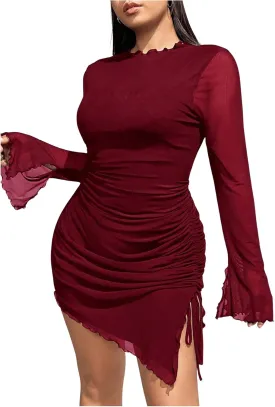 Women's Plus Size Crew Neck Long Sleeve Asymmetrical Dress Mesh Sheer Bodycon Mini Dresses