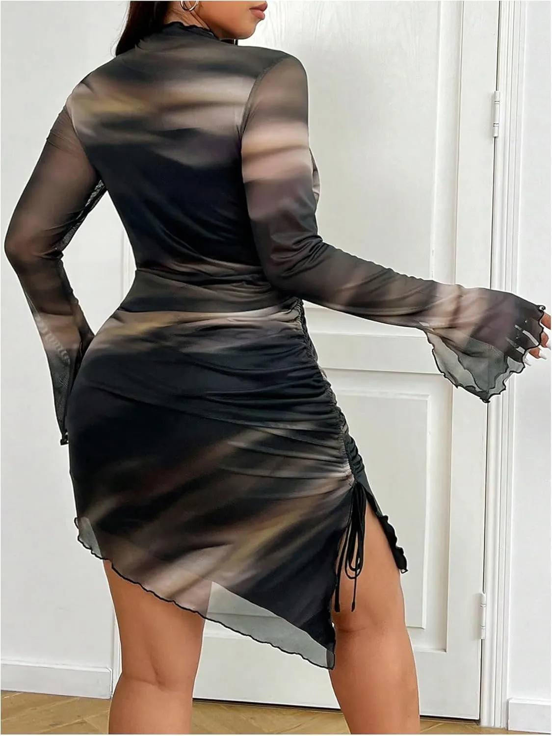 Women's Plus Size Crew Neck Long Sleeve Asymmetrical Dress Mesh Sheer Bodycon Mini Dresses