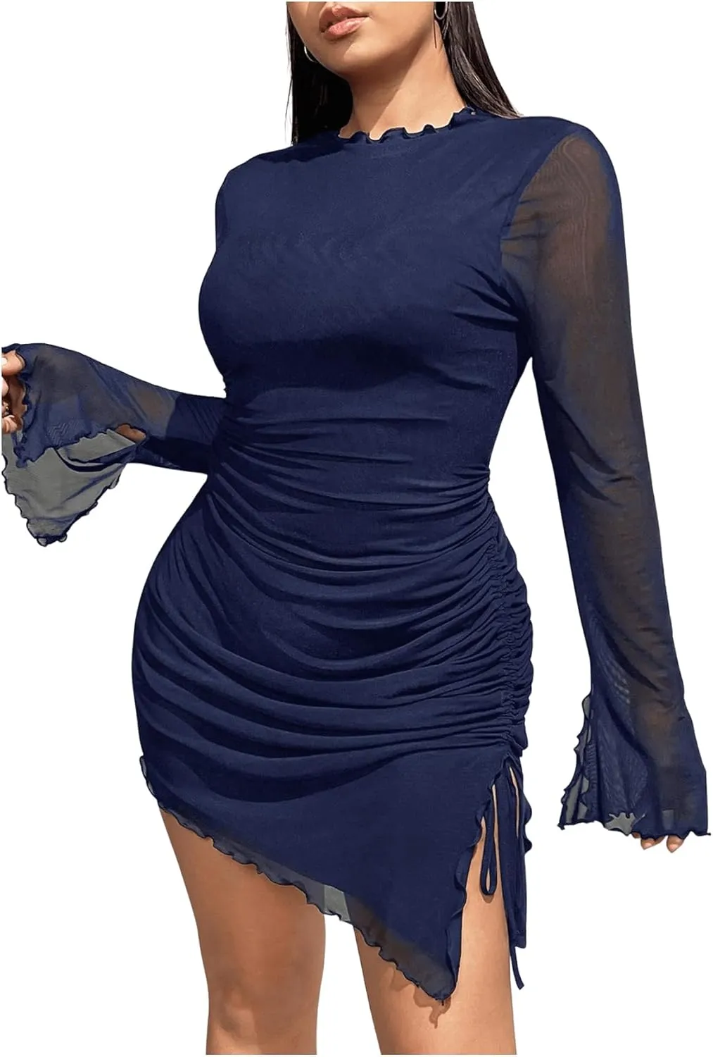 Women's Plus Size Crew Neck Long Sleeve Asymmetrical Dress Mesh Sheer Bodycon Mini Dresses