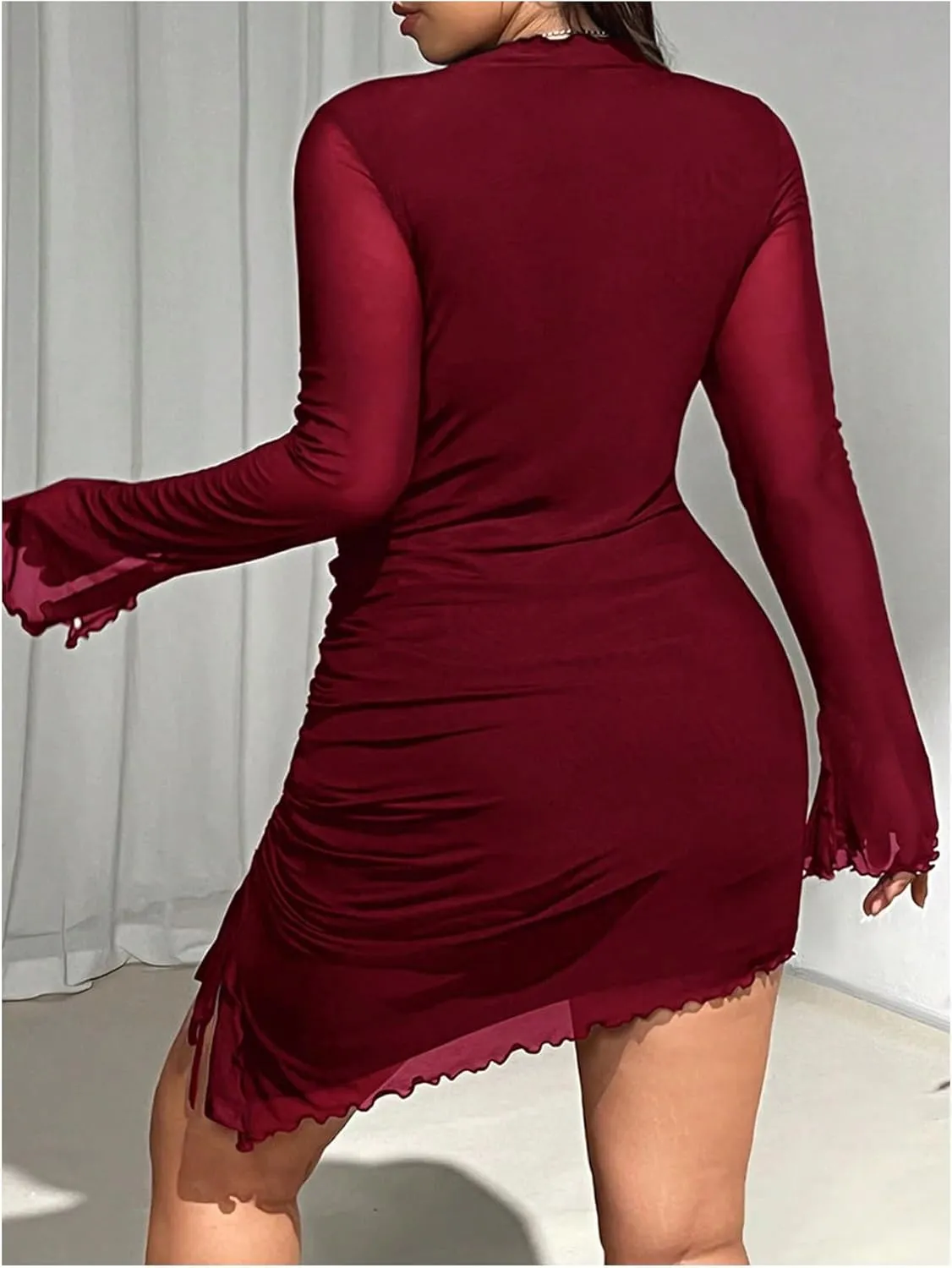 Women's Plus Size Crew Neck Long Sleeve Asymmetrical Dress Mesh Sheer Bodycon Mini Dresses