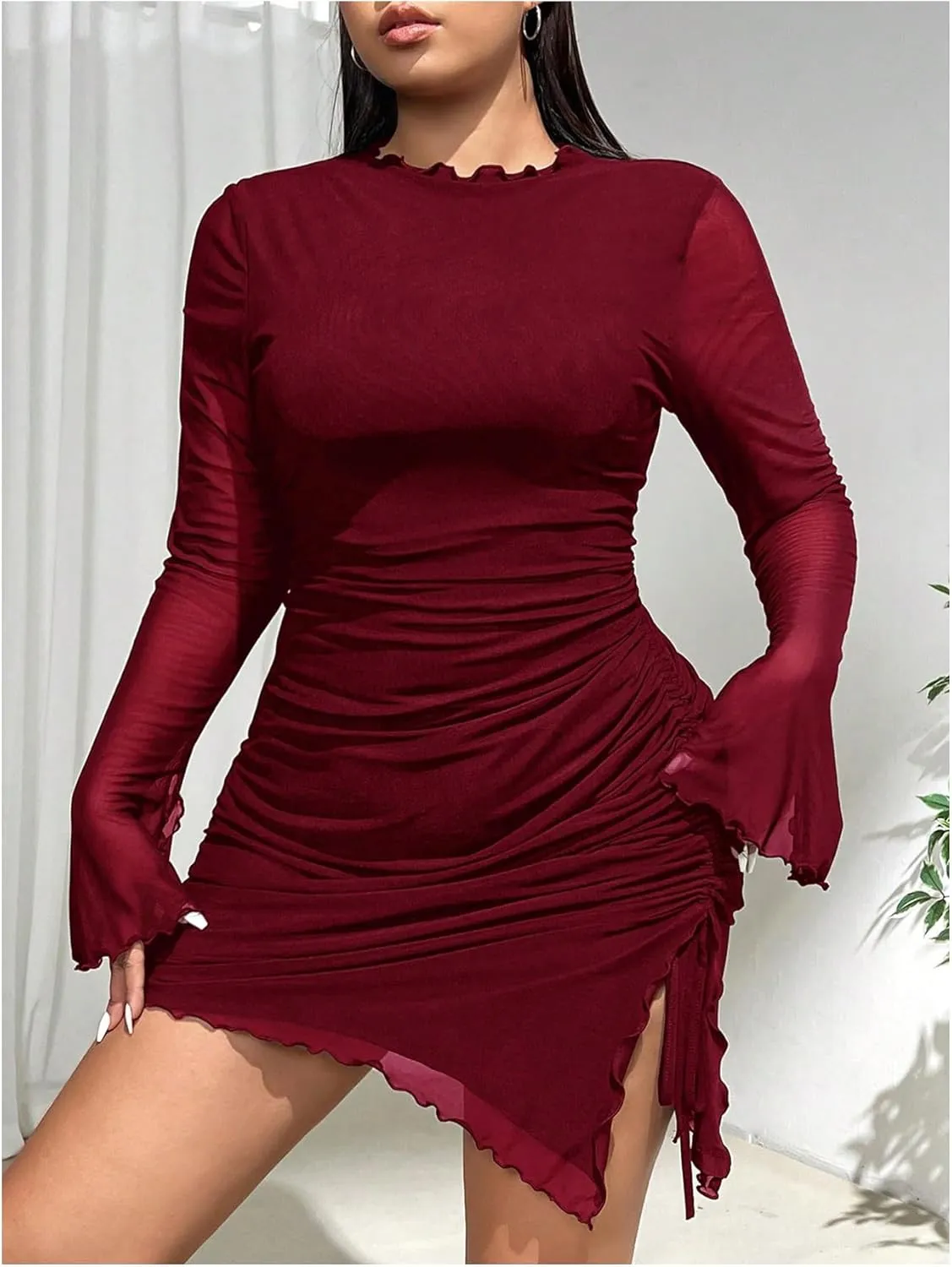 Women's Plus Size Crew Neck Long Sleeve Asymmetrical Dress Mesh Sheer Bodycon Mini Dresses