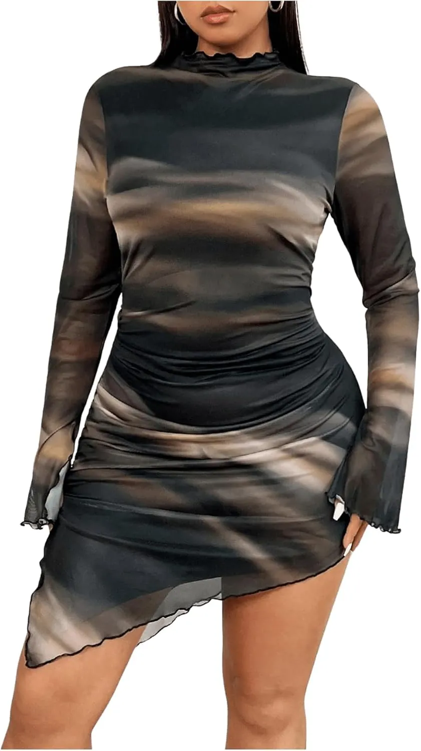 Women's Plus Size Crew Neck Long Sleeve Asymmetrical Dress Mesh Sheer Bodycon Mini Dresses