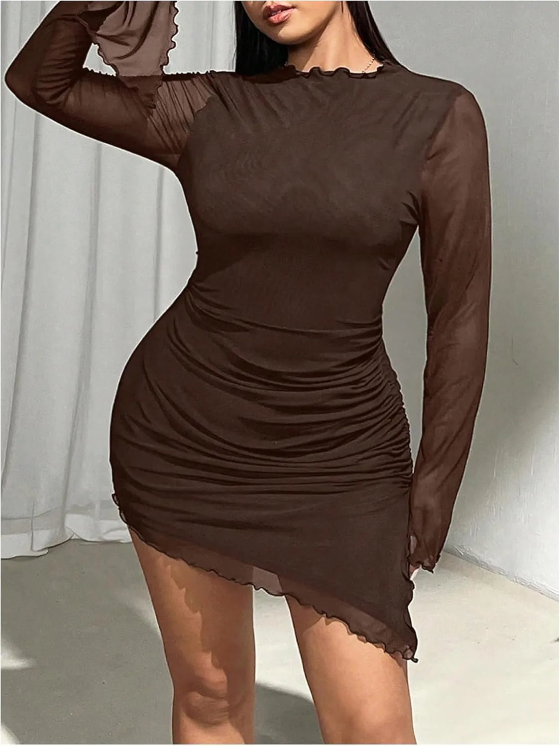 Women's Plus Size Crew Neck Long Sleeve Asymmetrical Dress Mesh Sheer Bodycon Mini Dresses