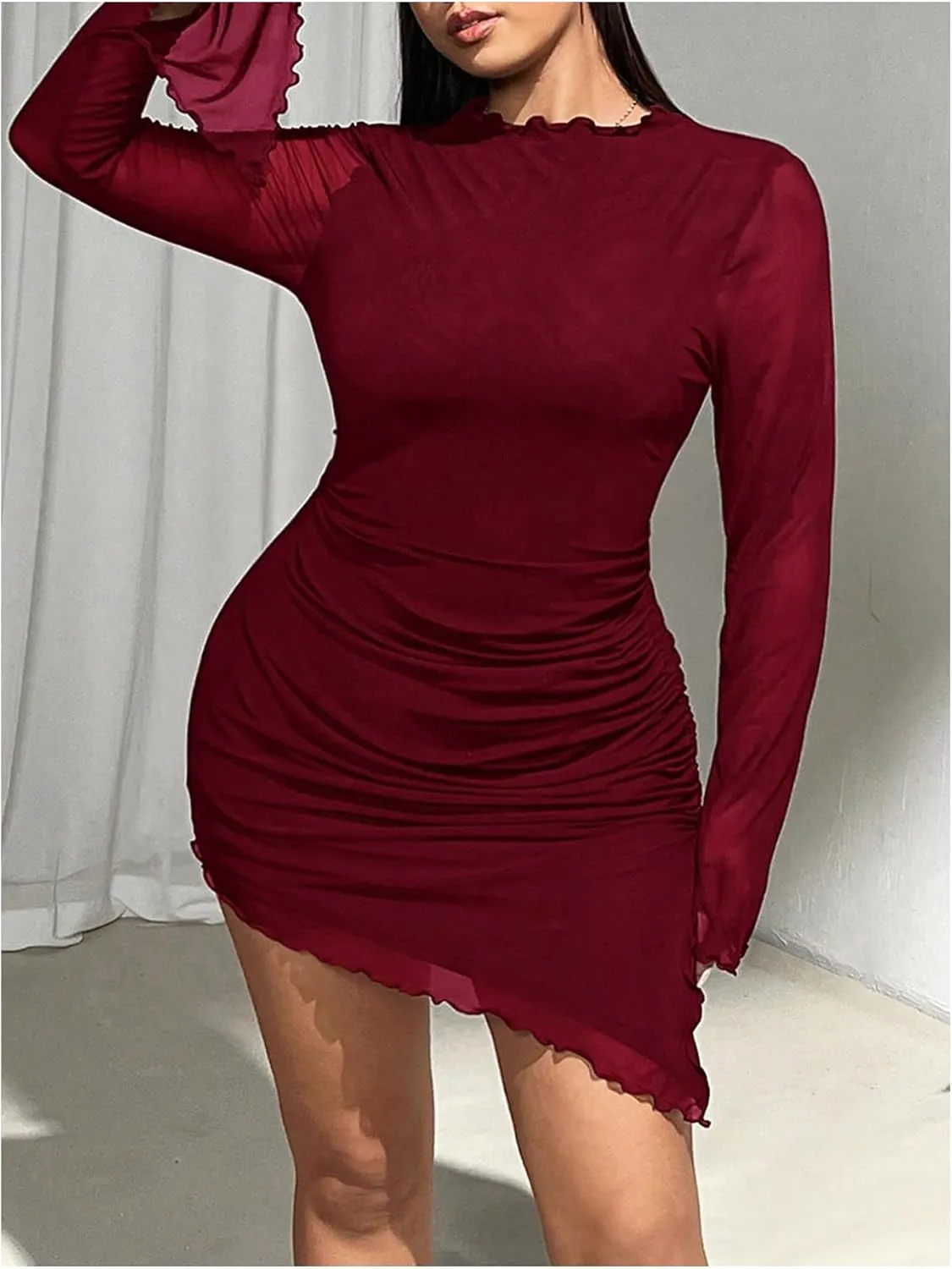 Women's Plus Size Crew Neck Long Sleeve Asymmetrical Dress Mesh Sheer Bodycon Mini Dresses