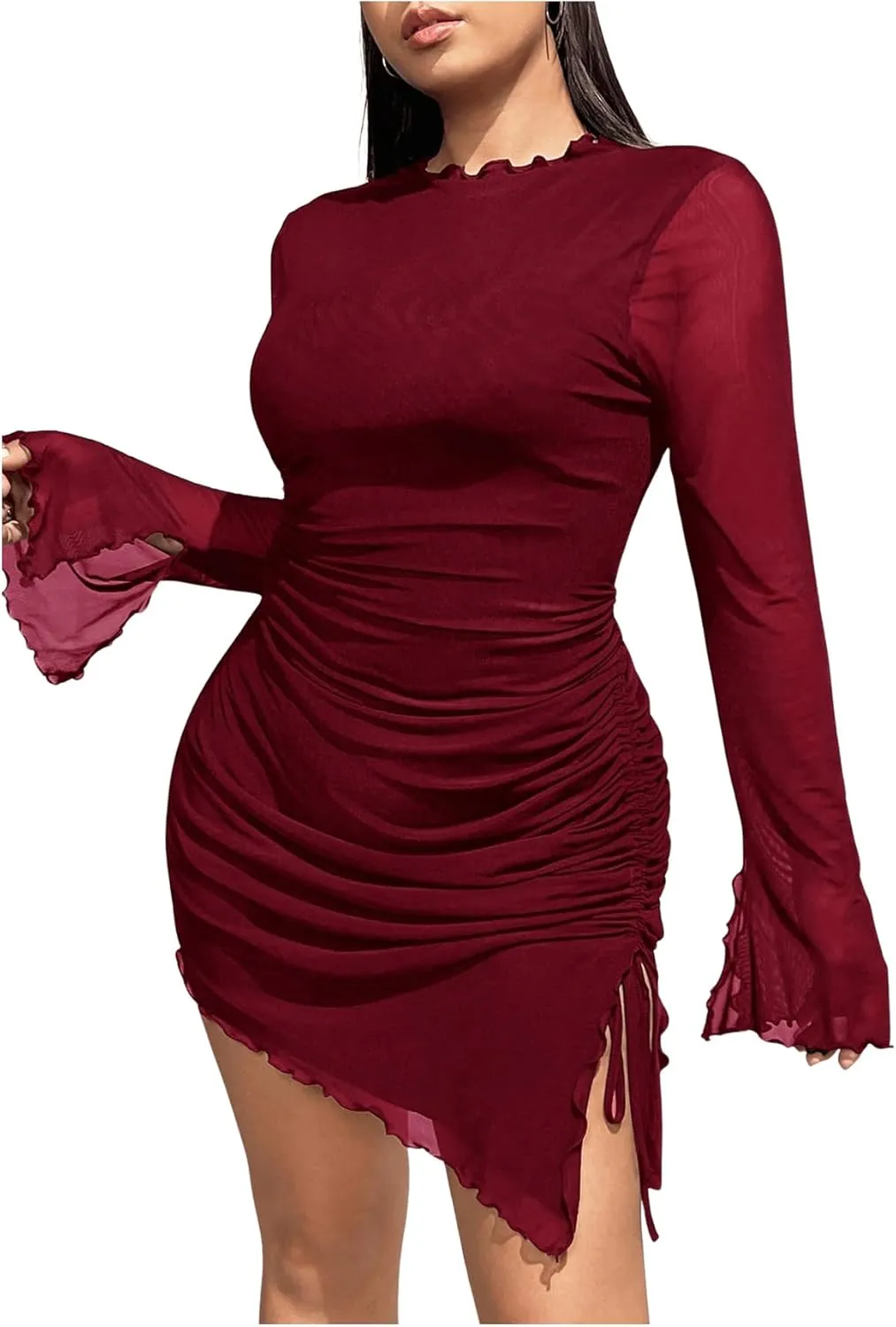 Women's Plus Size Crew Neck Long Sleeve Asymmetrical Dress Mesh Sheer Bodycon Mini Dresses