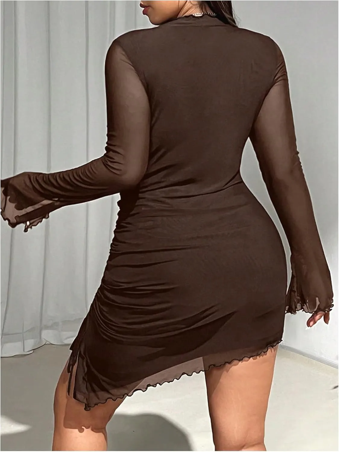 Women's Plus Size Crew Neck Long Sleeve Asymmetrical Dress Mesh Sheer Bodycon Mini Dresses