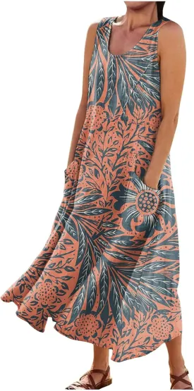 Womens Plus Size Summer Dresses 2025 Vintage Floral Flowy Beach Vacation Boho Sleeveless Tank Midi Sundresses with Pockets