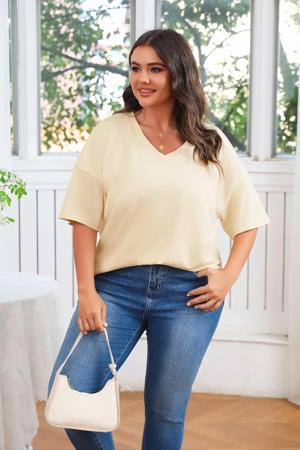 Women's Plus Size V Neck T Shirts Summer Half Sleeve Tees Casual Loose Fit Cotton Tunic Tops